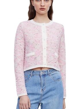 NEW Urban Revivo Pink & Cream Boucle Pearl Button Cropped Knit Cardigan - 6